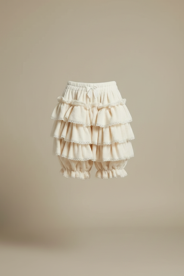 Pantalon Jupe Écru Volants Dentelle Doux Élégant Femme - Blanc Molleton - vue 3