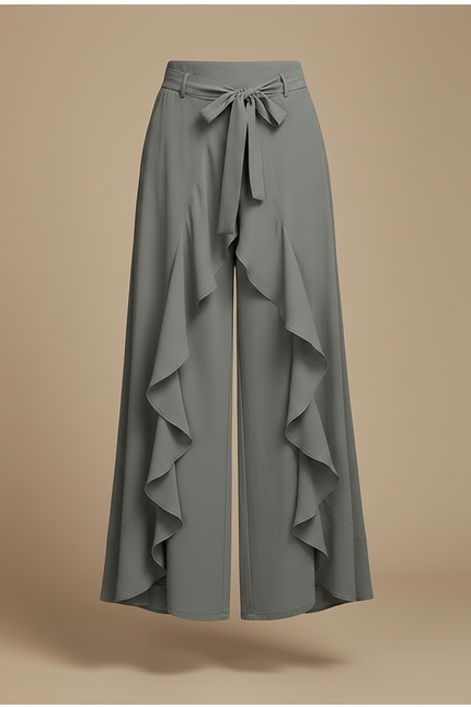 Pantalon Jupe Gris Fluide Volants Élégant Ceinturé - Polyester - vue 3