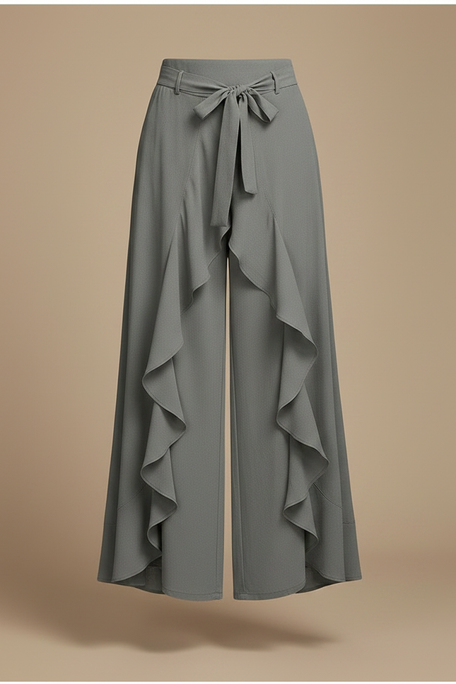 Pantalon Jupe Gris Fluide Volants Élégant Ceinturé - Polyester - vue 3