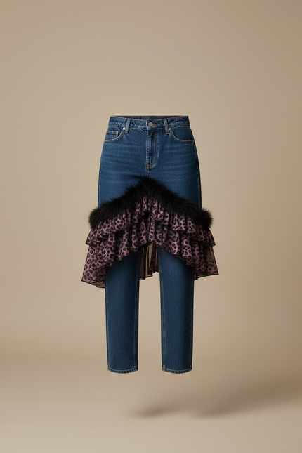 Pantalon Jupe Denim Léopard Ruffles Asymétrique Femme - Multicolore Jean - vue 3