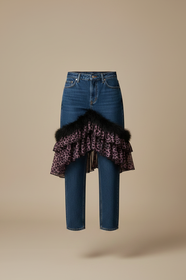 Pantalon Jupe Denim Léopard Ruffles Asymétrique Femme - Multicolore Jean - vue 3