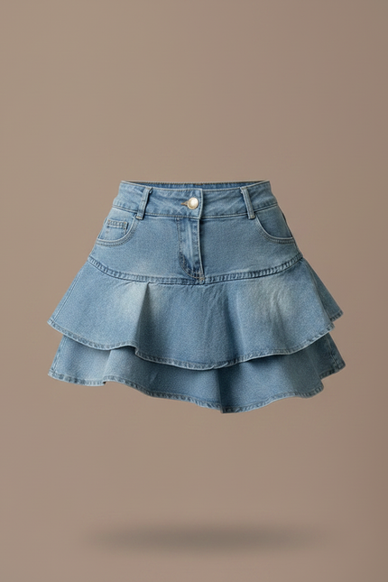 Pantalon Jupe Courte Denim Superposée Volantée Femme - Bleu Jean - vue 3