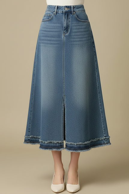 Pantalon Jupe Denim Bleu Évasé Fendu Franges - Jean - vue 3