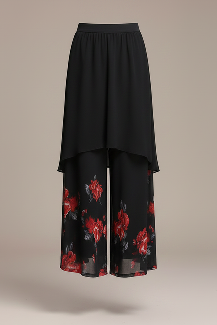 Pantalon Jupe Noir Chiffon Imprimé Floral Ample - Polyester - vue 3