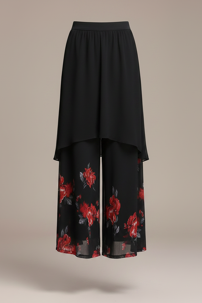 Pantalon Jupe Noir Chiffon Imprimé Floral Ample - Polyester - vue 3
