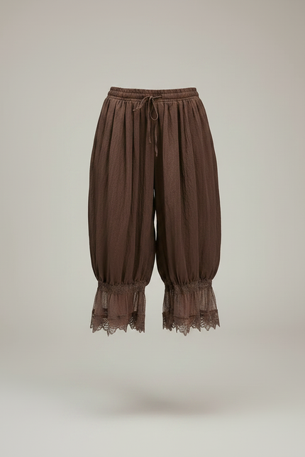 Pantalon Jupe Marron Ample Dentelle Bohème Court - Lin - vue 3