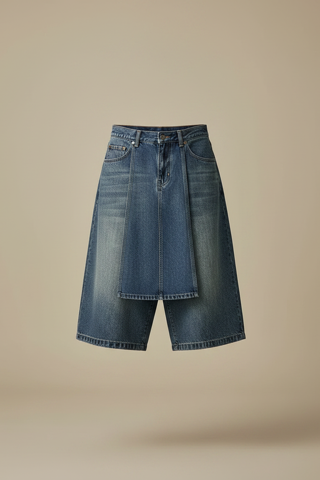Pantalon Jupe Jean Bleu Ample Superposé Décontracté - vue 3