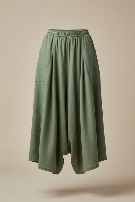 Pantalon Jupe Vert Ample Lin Décontracté Taille Élastique - Kaki - vue 3