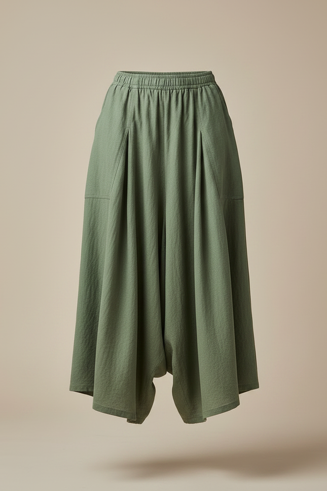 Pantalon Jupe Vert Ample Lin Décontracté Taille Élastique - Kaki - vue 3