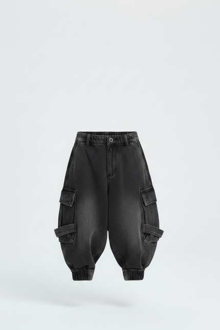 Pantalon Jupe Noir Denim Cargo Ample Enfant - Jean - vue 3