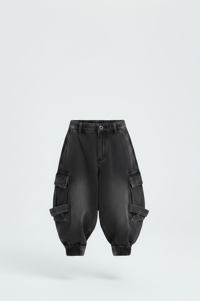 Pantalon Jupe Noir Denim Cargo Ample Enfant - Jean - vue 3