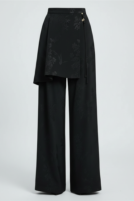 Pantalon Jupe Noir Jacquard Satin Ample Élégant - vue 3