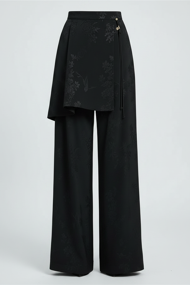Pantalon Jupe Noir Jacquard Satin Ample Élégant - vue 3