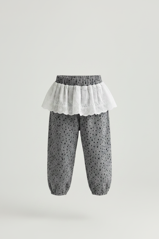 Pantalon Jupe Gris Côtelé Pois Volants Enfant - Cordé - vue 3