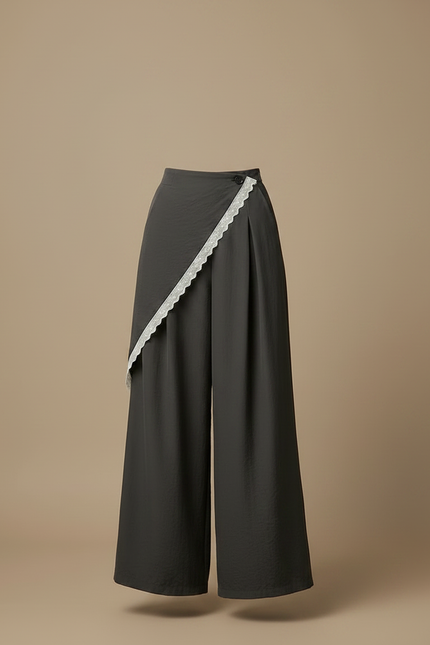 Pantalon Jupe Gris Ample Dentelle Superposé Fluide Élégant - Viscose - vue 3
