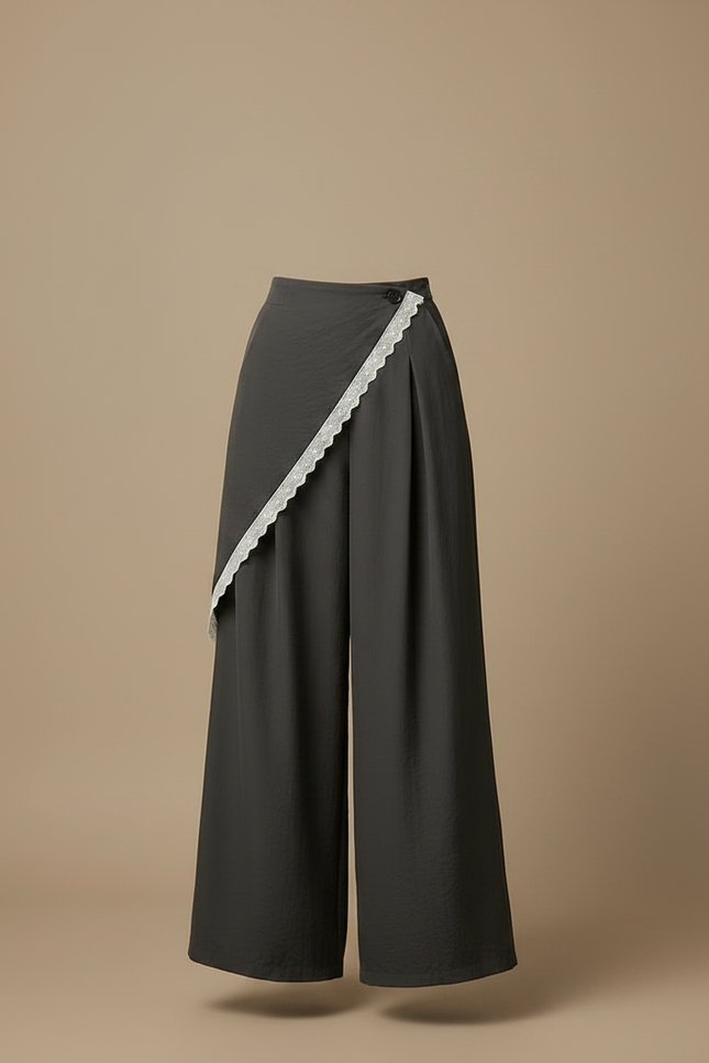Pantalon Jupe Gris Ample Dentelle Superposé Fluide Élégant - Viscose - vue 3