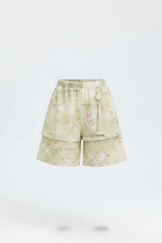 Pantalon Jupe Vert Floral Superposé Enfant Décontracté - Lin - vue 3
