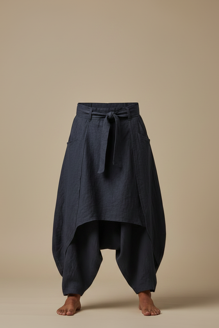 Pantalon Jupe Homme Ample Lin Plissé Asymétrique Bleu - Marine - vue 3