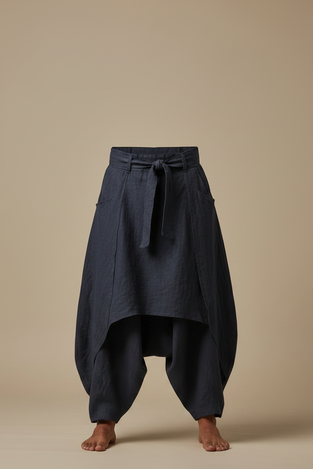 Pantalon Jupe Homme Ample Lin Plissé Asymétrique Bleu - Marine - vue 3