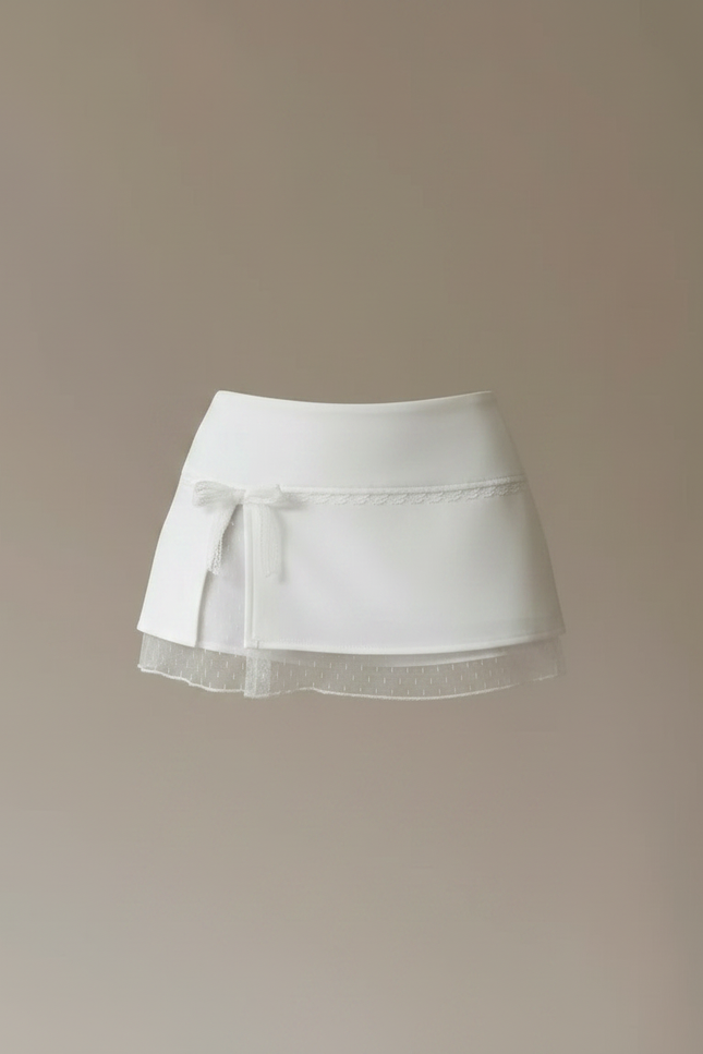 Pantalon Jupe Blanc Dentelle Nœud Superposé Estival - Polyester - vue 3