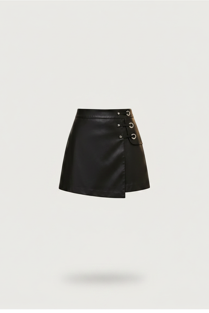 Pantalon Jupe Noir Cuir PU Taille Haute Élégant - Simili cuir - vue 3