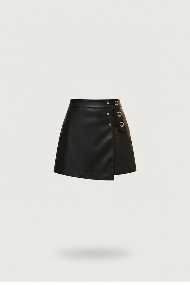 Pantalon Jupe Noir Cuir PU Taille Haute Élégant - Simili cuir - vue 3