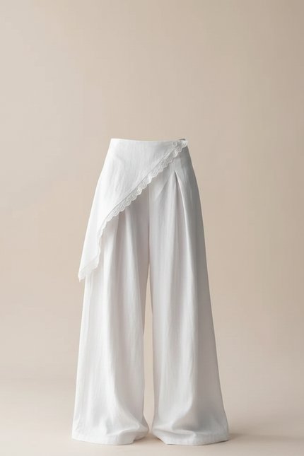 Pantalon Jupe Blanc Fluide Ample Dentelle Asymétrique - Lin - vue 3