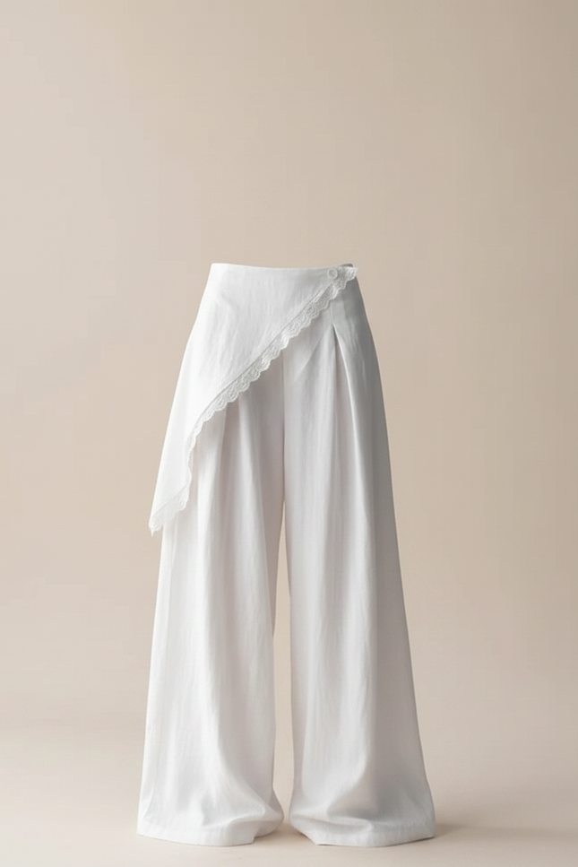 Pantalon Jupe Blanc Fluide Ample Dentelle Asymétrique - Lin - vue 3