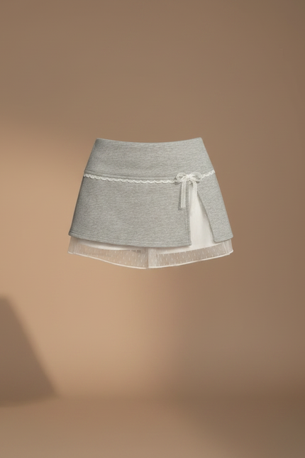 Pantalon Jupe Gris Dentelle Superposée Courte Estivale - Molleton - vue 3