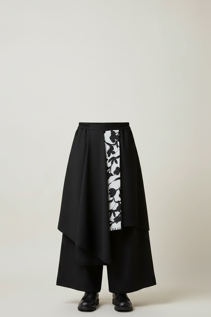 Pantalon Jupe Noir Asymétrique Imprimé Floral Ample - Polyester - vue 3