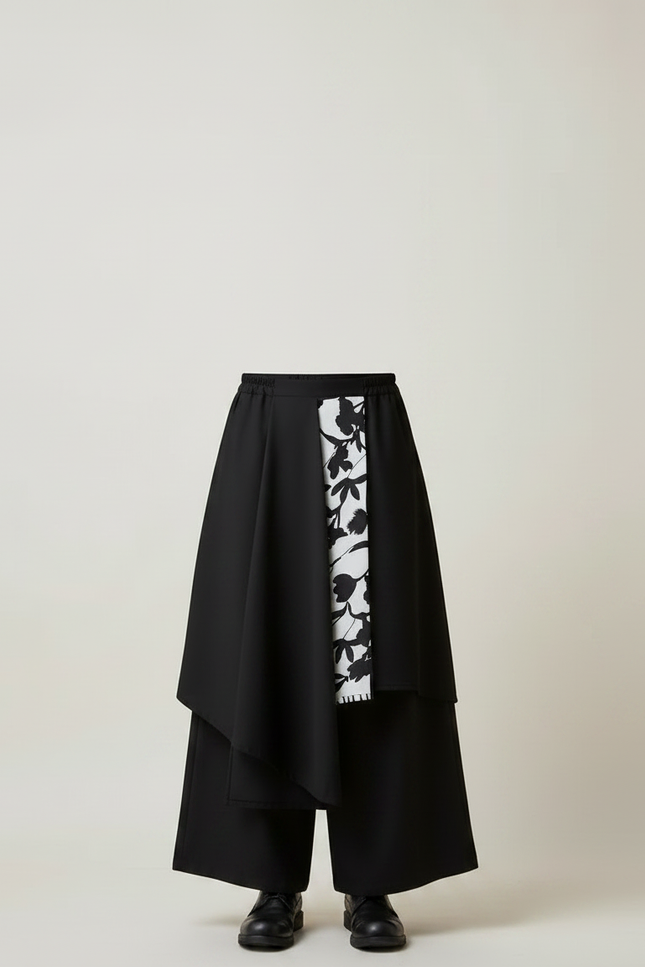 Pantalon Jupe Noir Asymétrique Imprimé Floral Ample - Polyester - vue 3