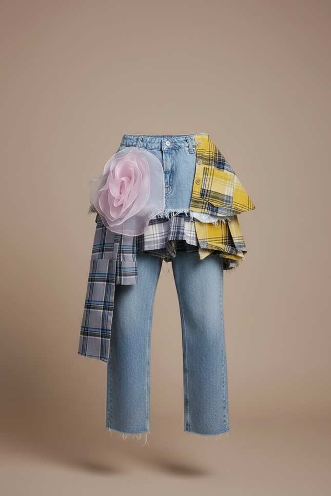 Pantalon Jupe Denim Plaid Déstructuré Asymétrique Mini - Multicolore Jean - vue 3