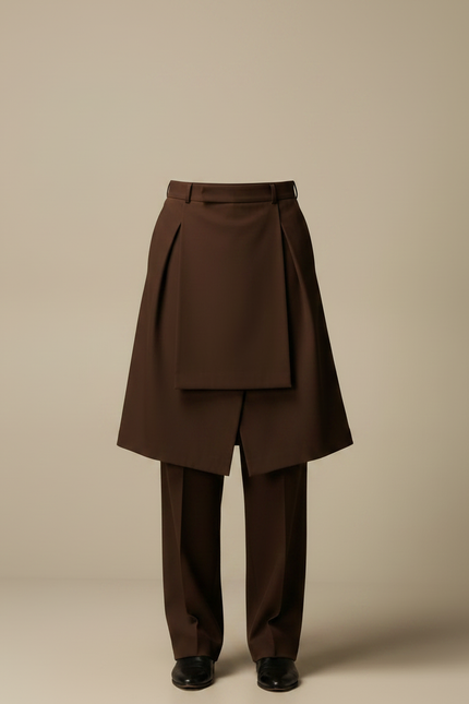 Pantalon Jupe Marron Plissé Superposé Ample Élégant - Polyester - vue 3