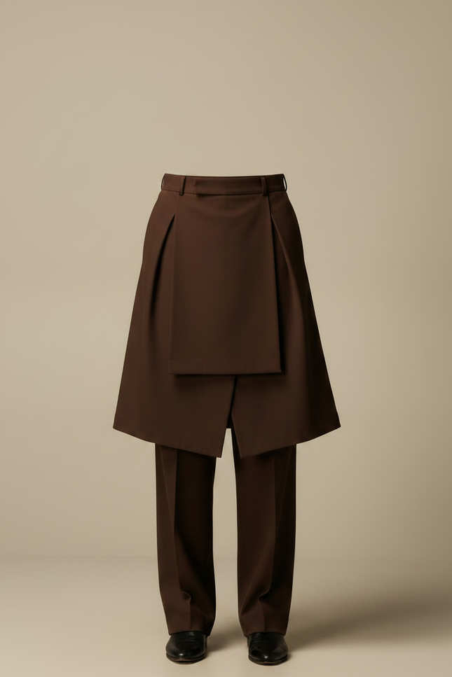 Pantalon Jupe Marron Plissé Superposé Ample Élégant - Polyester - vue 3