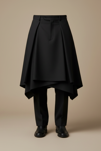 Pantalon Jupe Noir Asymétrique Superposé Élégant Moderne - Gabardine - vue 3