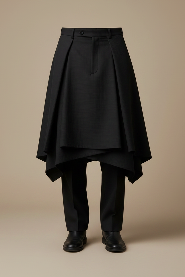 Pantalon Jupe Noir Asymétrique Superposé Élégant Moderne - Gabardine - vue 3