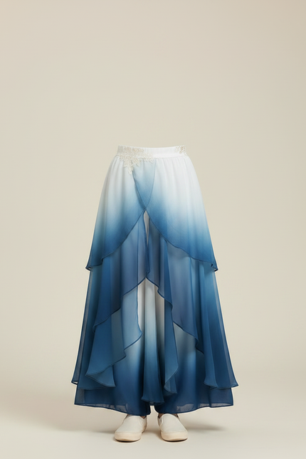 Pantalon Jupe Bleu Dégradé Fluide Gaze Élégant - Soie - vue 3