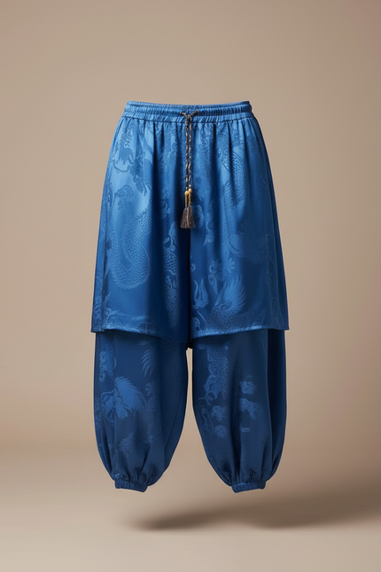 Pantalon Jupe Bleu Dragon Satiné Ample Harem - vue 3