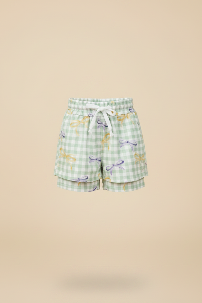 Pantalon Jupe Carreaux Vert Menthe Nœuds Superposé Coton Enfant - vue 3