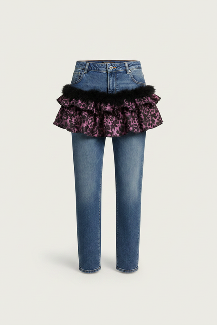 Pantalon Jupe Léopard Rose Violet Volants Denim Femme - Multicolore Jean - vue 3
