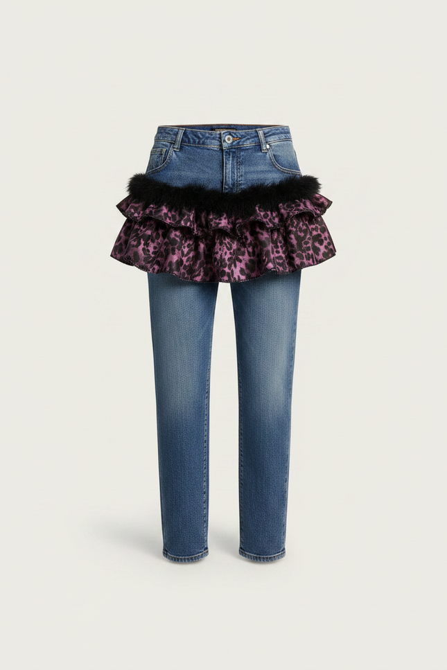 Pantalon Jupe Léopard Rose Violet Volants Denim Femme - Multicolore Jean - vue 3