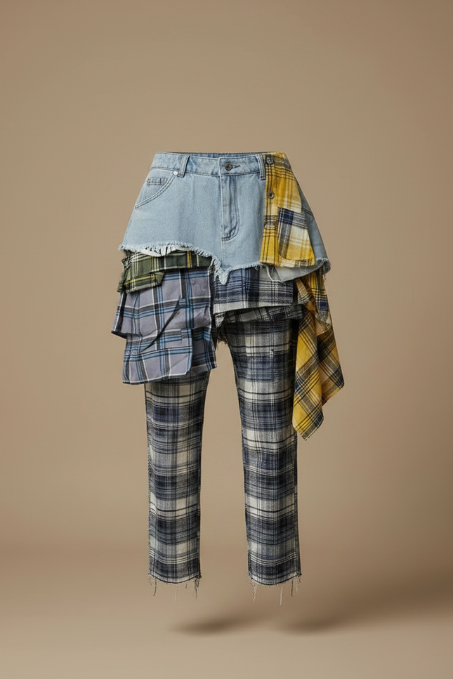 Pantalon Jupe Denim Plaid Asymétrique Déstructuré Mini Femme - Multicolore Jean - vue 3