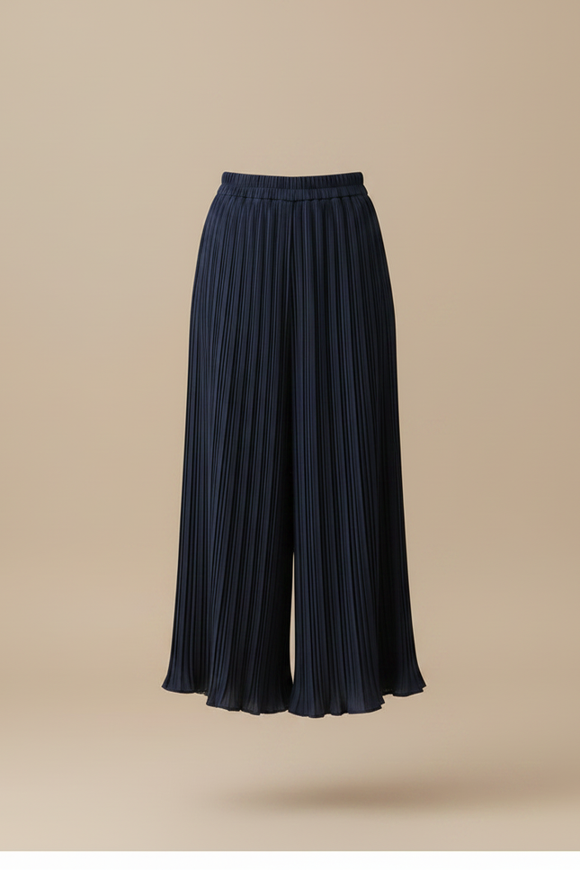 Pantalon Jupe Plissé Ample Long Bleu Marine Élégant - Polyester - vue 3