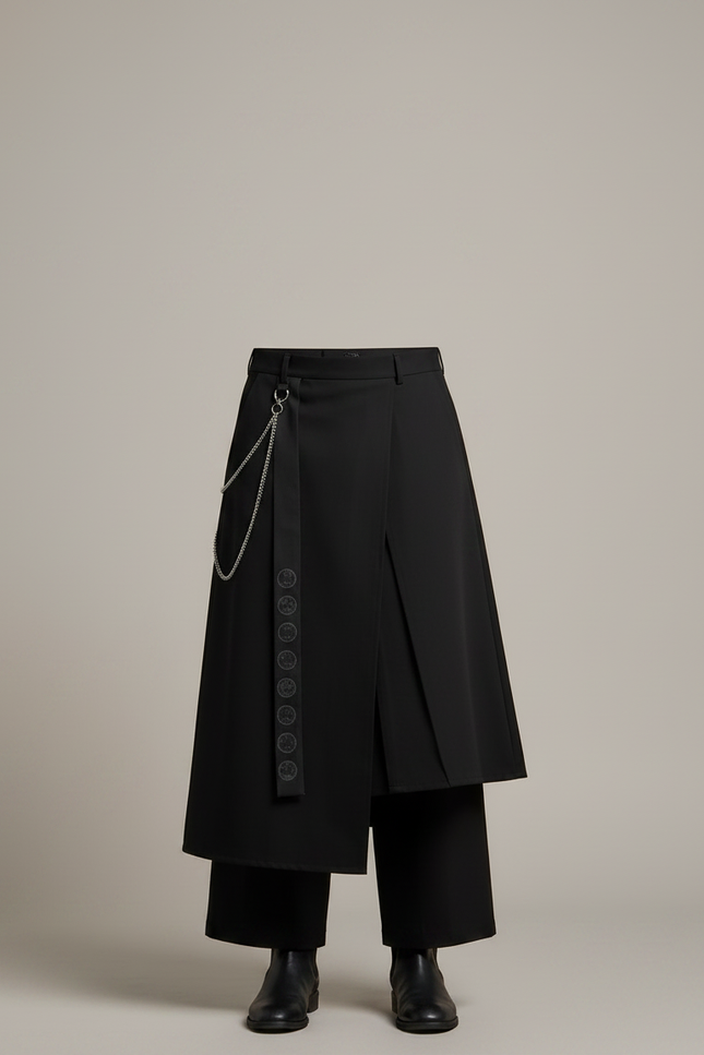Pantalon Jupe Noir Asymétrique Plissé Chaîne Samurai - Gabardine - vue 3