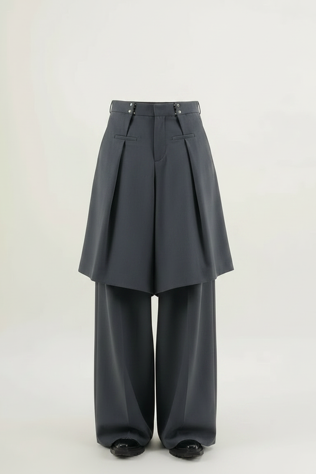 Pantalon Jupe Gris Plissé Ample Décontracté Homme - Gabardine - vue 3