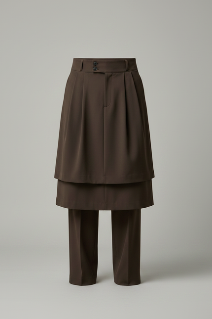 Pantalon Jupe Marron Plissé Superposé Ample Élégant Homme - Gabardine - vue 3