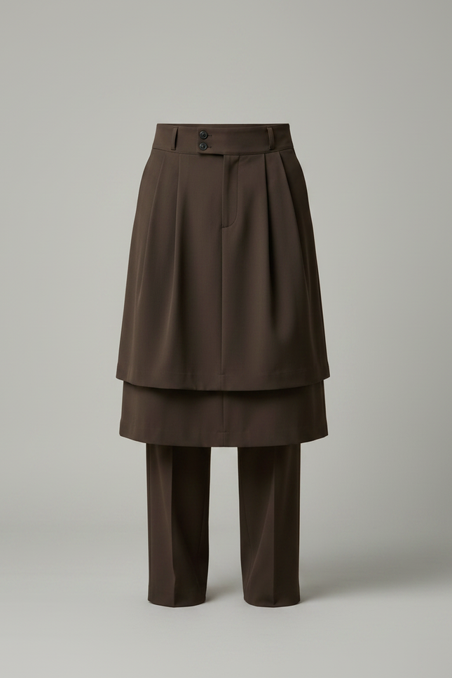 Pantalon Jupe Marron Plissé Superposé Ample Élégant Homme - Gabardine - vue 3