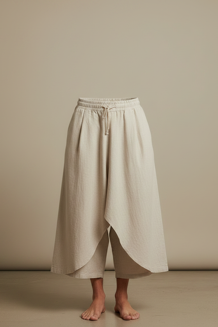 Pantalon Jupe Lin Ample Asymétrique Décontracté Beige - vue 3