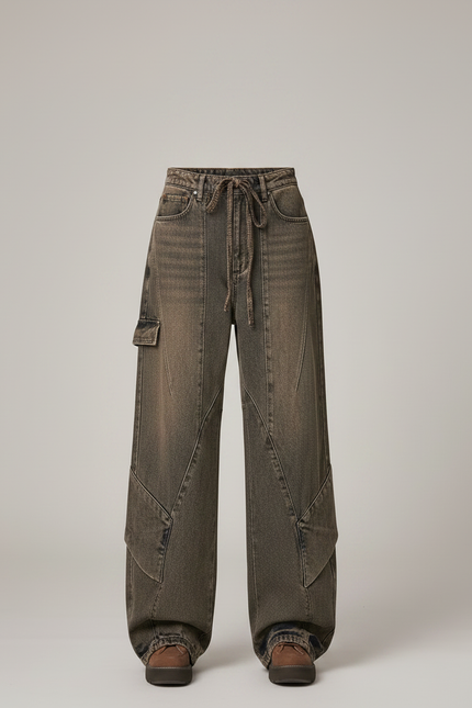 Pantalon Jupe Jean Marron Plaid Décontracté Ample - vue 3