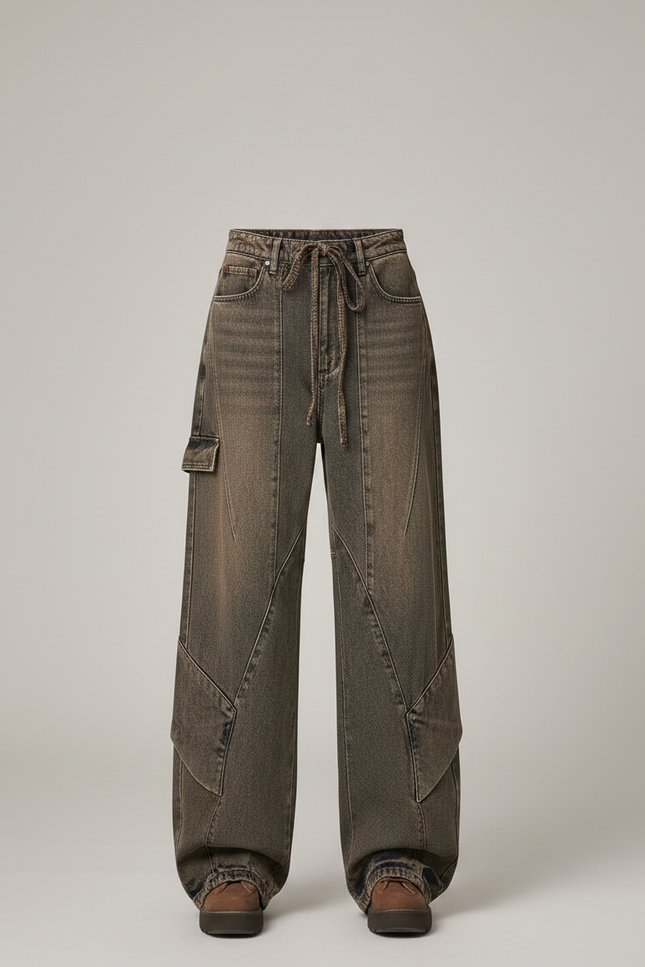 Pantalon Jupe Jean Marron Plaid Décontracté Ample - vue 3